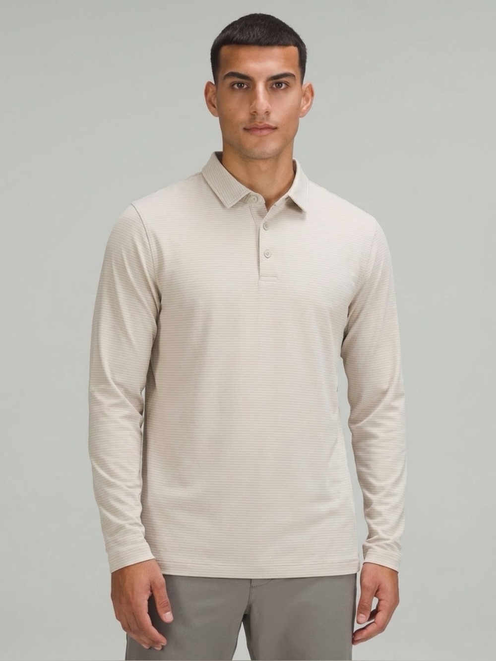 Men’s Evolution Long Sleeve Polo Size L/XL Stone Gray Stripe